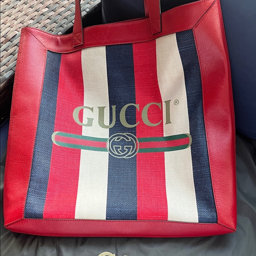 Gucci Red, Navy & White Stripe Canvas Tote with Green-Red Web